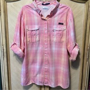 Columbia Super Bonehead Pink Peach & White Striped Button Front Tab Sleeve Shirt